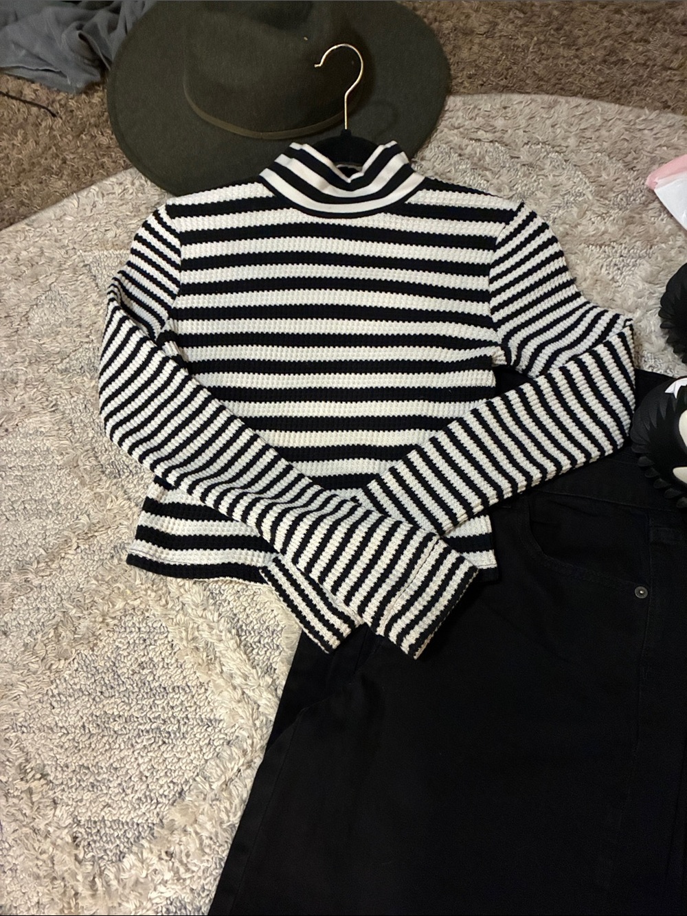 Aerie -small-Striped Black & White Turtleneck Crop waffle shirt